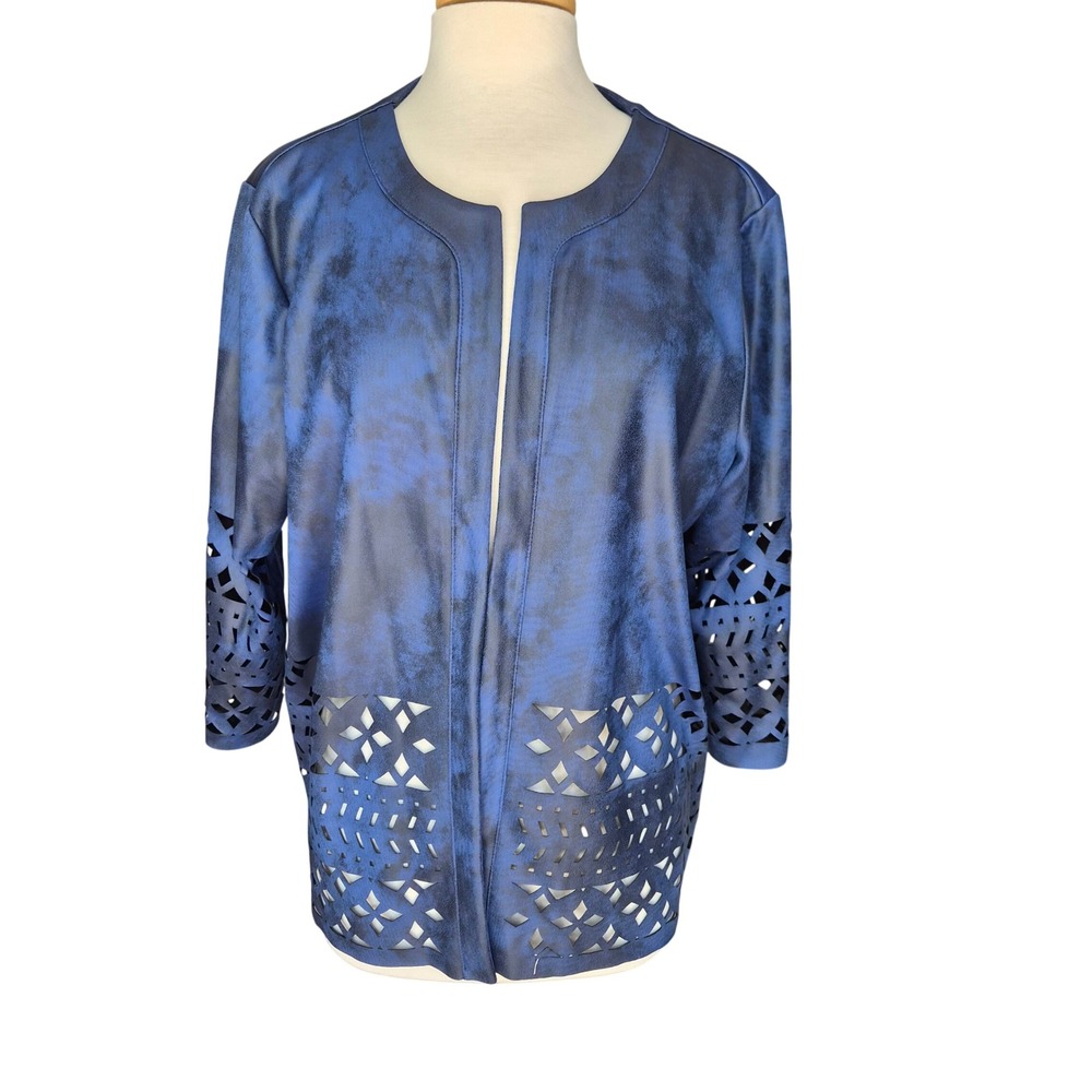 Scarlet Pearl Blue Marbled Laser Cut Open Front Jacket Size 48